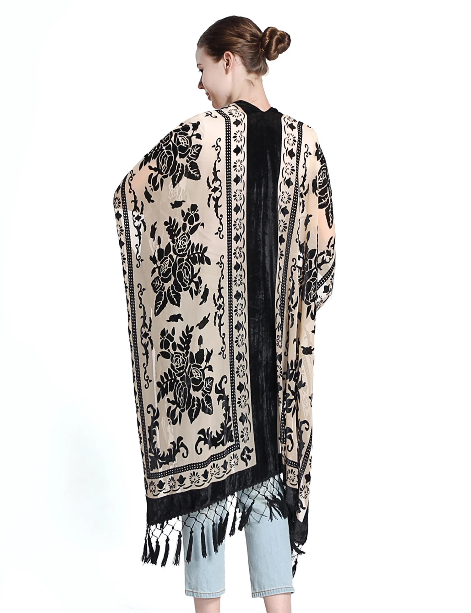 WeHello Cárdigan largo tipo kimono de terciopelo burnout para mujer con borla negro brillante cárdigan informal para vacaciones chal Top de gran tamaño