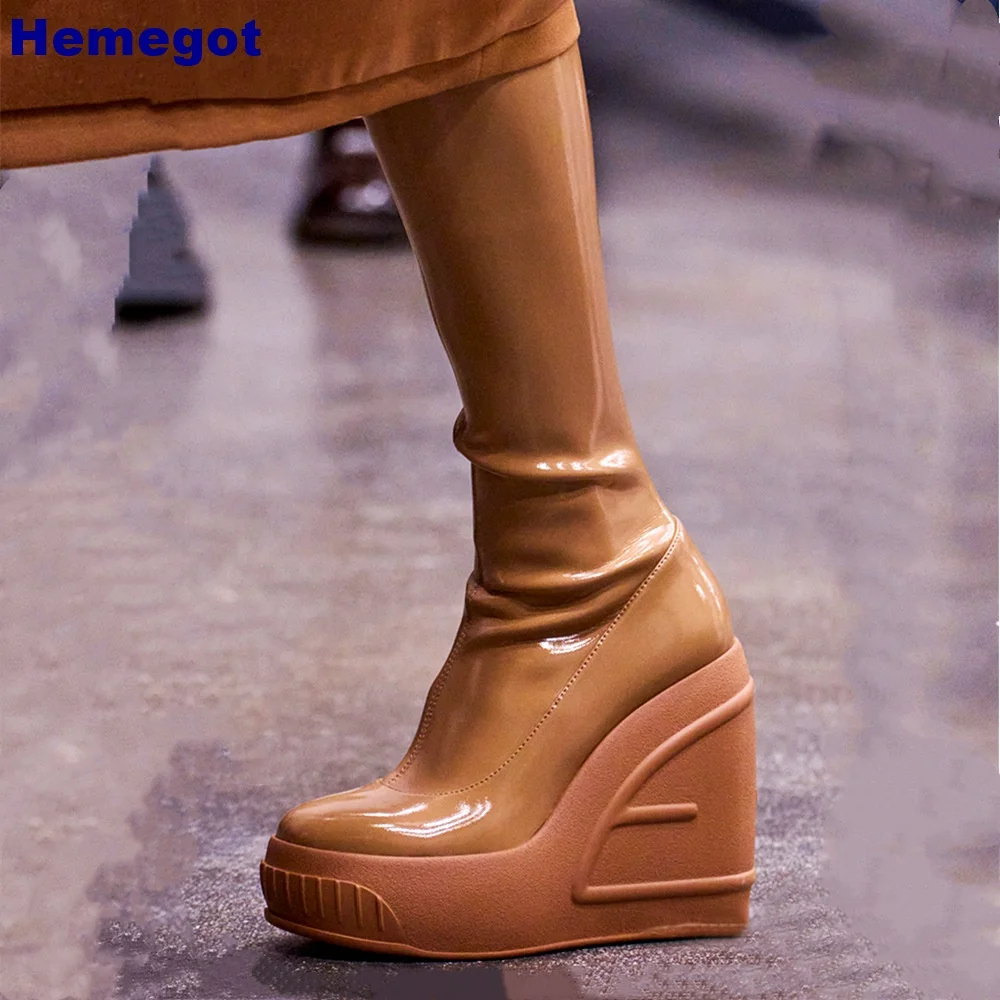 

Thick Sole Round Toe Catwalk Boots New Wedge Heel Sexy Street Knee-High Fashion Boots Solid Color Women Stage Party Casual Shoes