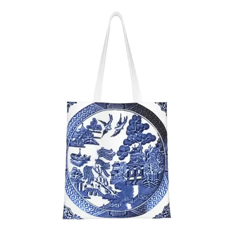 Reusable Blue Willow  Shopping Bag Women Canvas Shoulder Tote Bag Durable Blue Delft Chinoiserie Grocery Shopper Bags