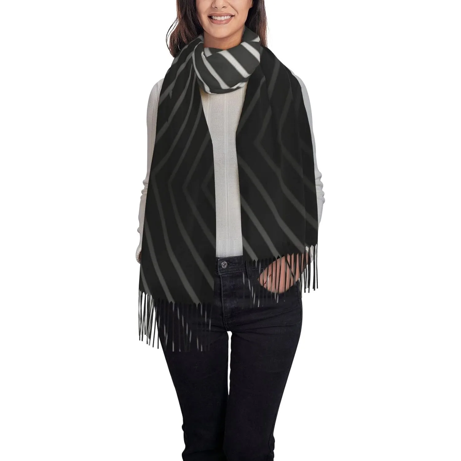 

Women'S Black Stripe Silver Oversize Tassel Shawl Scarf Wraps For Women