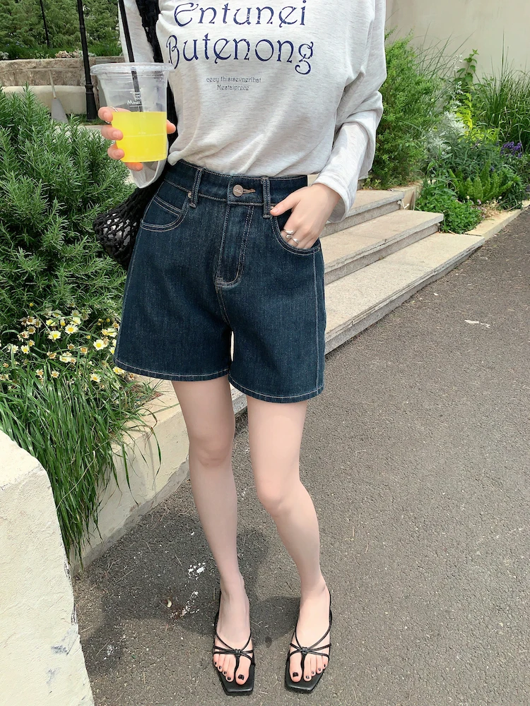 

erra Summer Korean Sle Casual Slim High Waist A-Line Straight Leg Blue Denim orts Women's Comfortable Cotton Straight L...