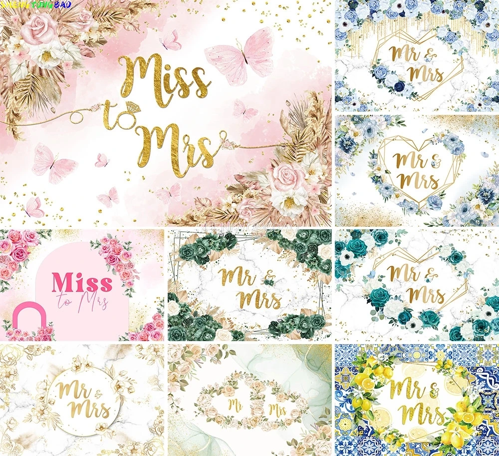 

Bridal Shower Photography Backdrops Grey Green Floral Balloons Wedding Bridal Engagement Party Photo Studio Background DV-01