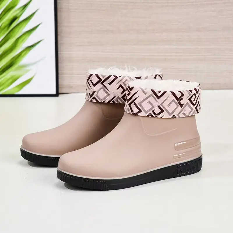 Women New High Top Flat Sole Rain Boot Soft Sole Waterproof Detachable Cotton Cover Flat Sole Kitchen Work Shoes Garden Shoes