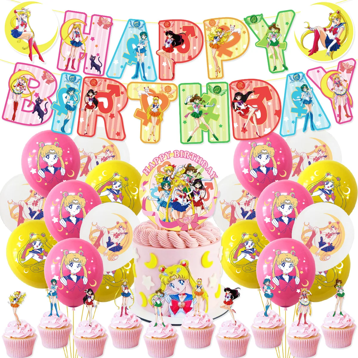 

18pcs Beautiful Girl's Balloon Flag Cake Tablecloth Hanging Set Girl's Birthday Party Decoration