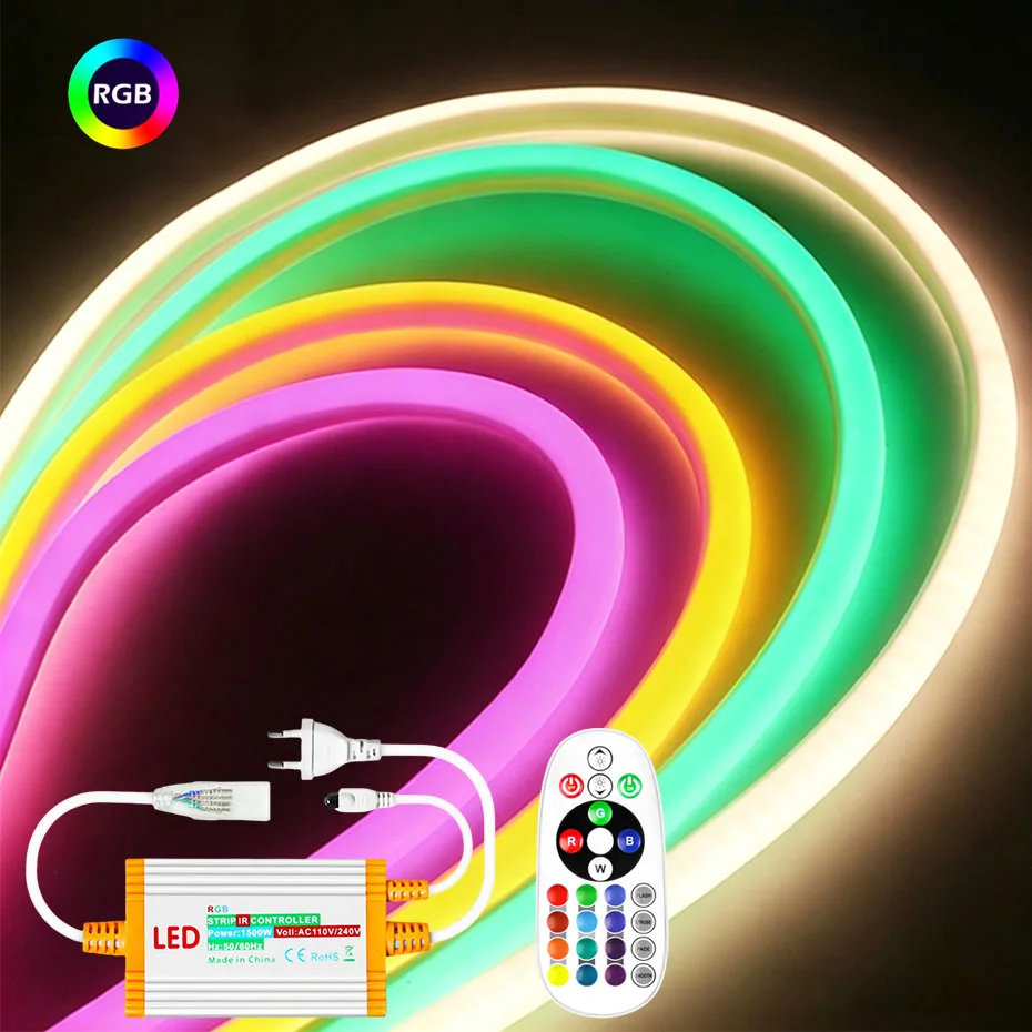 Dimmable RGB LED Neon Strip Light 220V Waterproof Multi-Colors Modes RGB Rope Lamp SMD5050 With Remote EU Plug For Home Garden