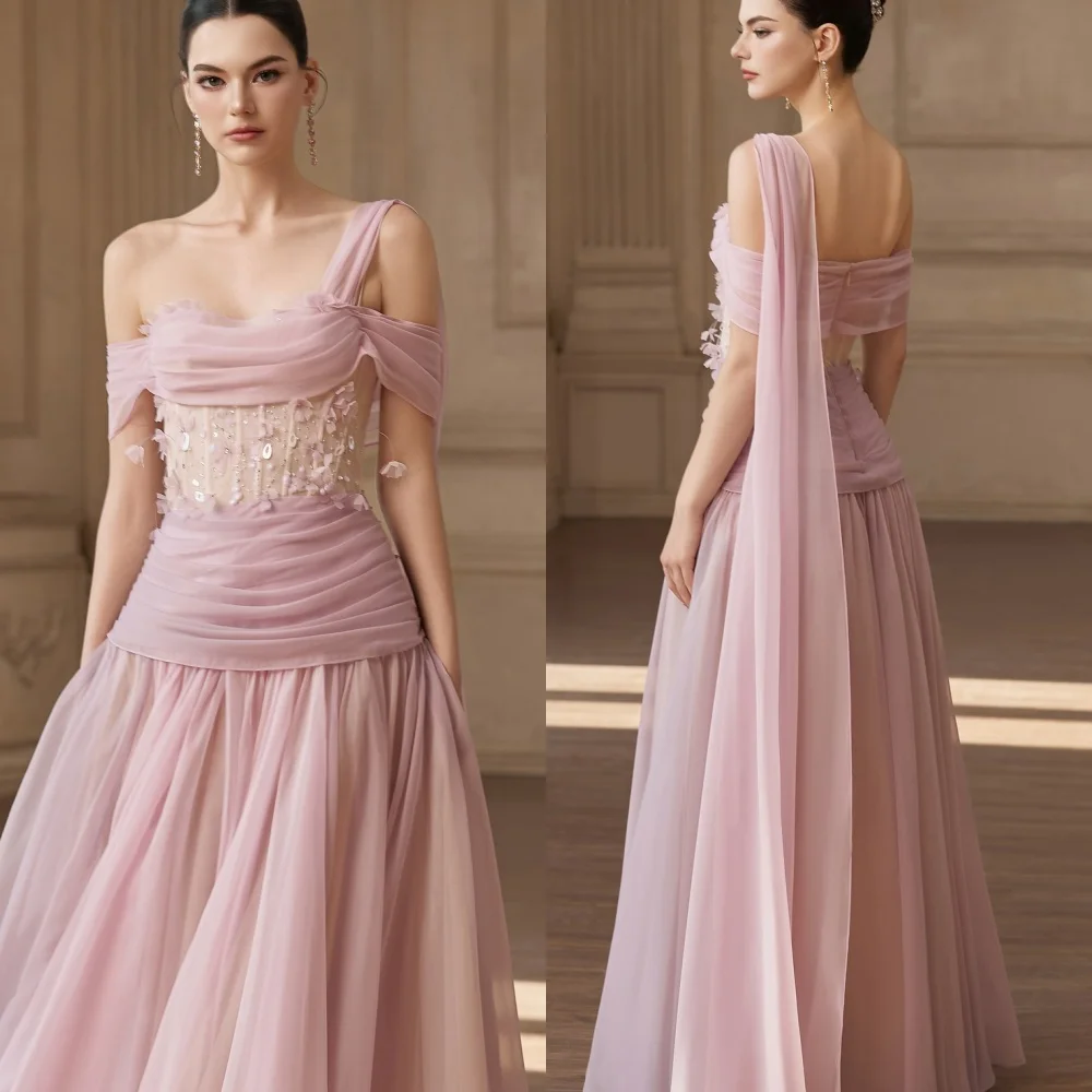 

Customized Elegant One Shoulder Sleeveless Evening Dress High Quality Chiffon Prom Dresses Delicate Flowers Bridal Party Gowns