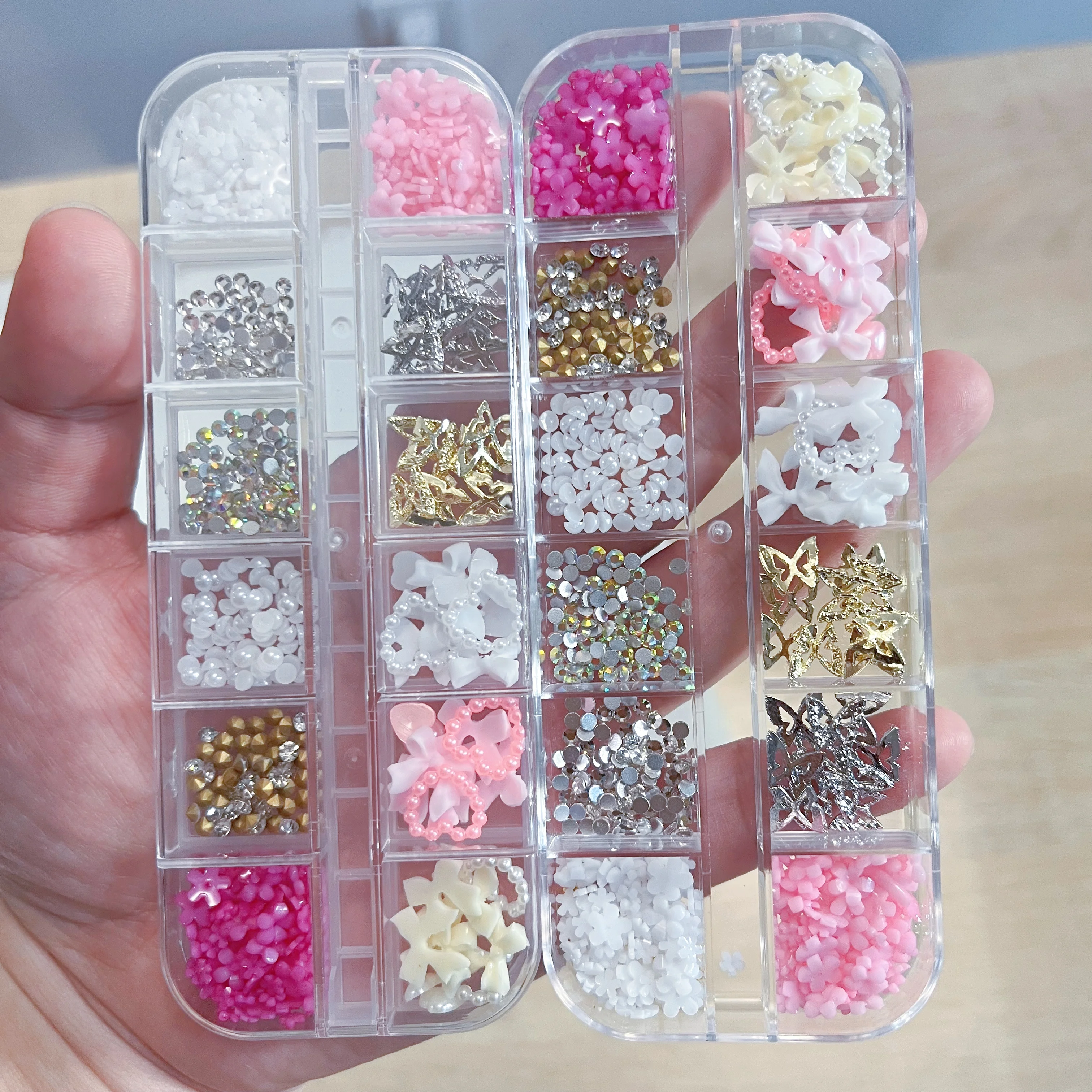 12Grids 3D Butterfly/Pearl/Rhinestones/Five-petal Flower Nail Charms Multi Style Alloy Resin Glitter Nail Decor Jewelry Accessor