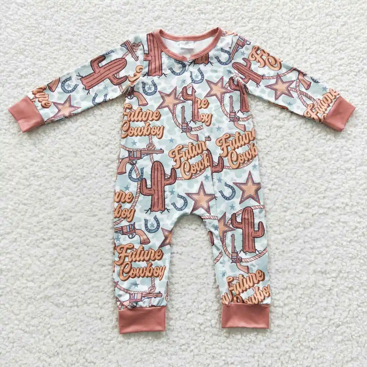 

Wholesale Newborn Baby Boy Western Long Sleeves Toddler Zipper Cactus Jumpsuit Kid Children Sping Autumn Cow One-piece Romper