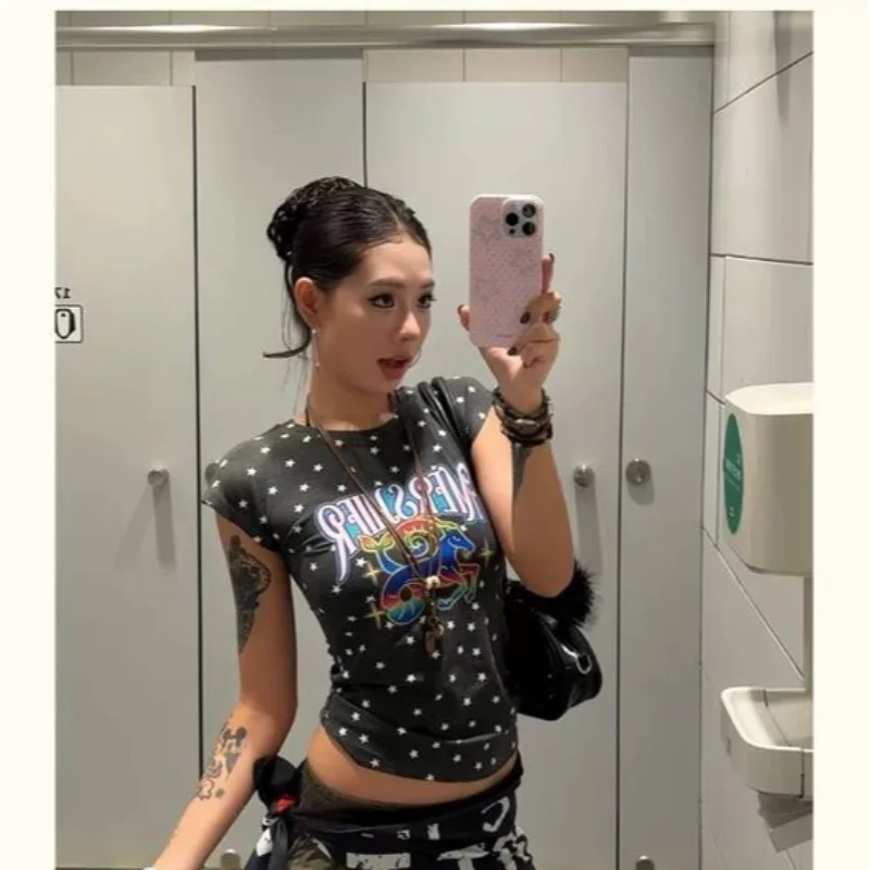 

Персонализированная футболка с короткими рукавами и принтом звезд в американском стиле ретро, летняя пикантная футболка для девочек, облегающий модный топ Y2K в уличном стиле Харадзюку