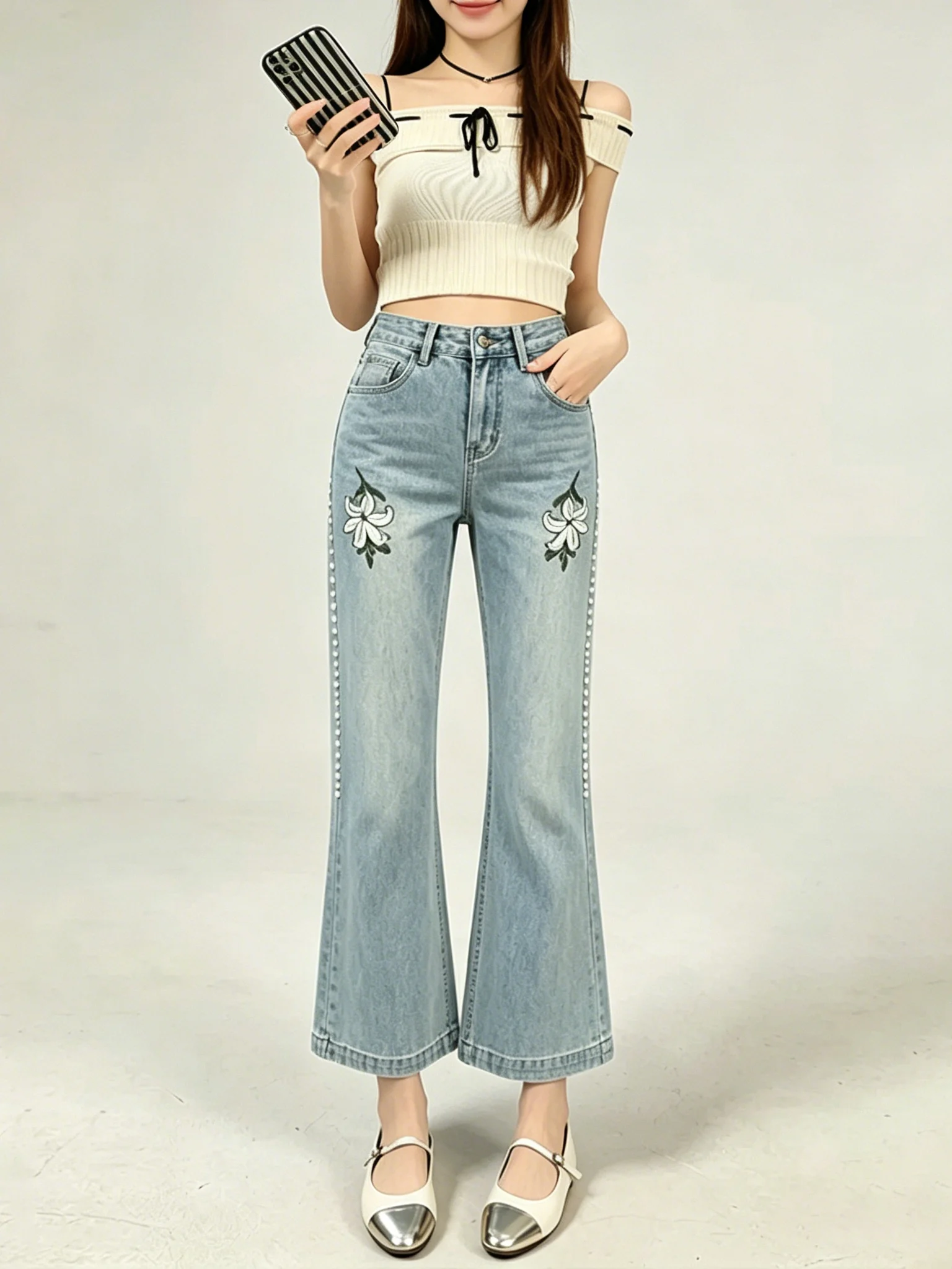 Retro Blue Heavy Embroidery High Waist Denim Jeans Women's Summer New Style Slimming Fashionable Versatile Micro Flare Pants