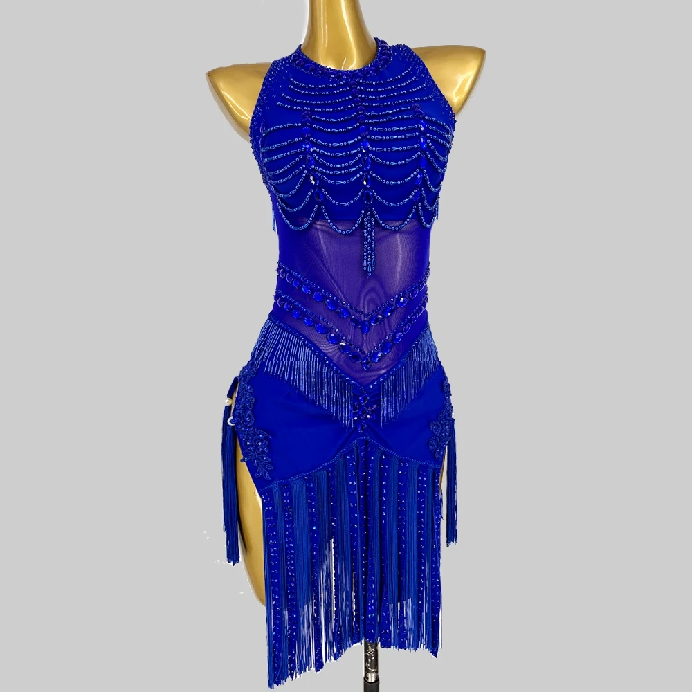 New Latin Dance Dress Female High-End Rhinestone Fringe Dress Red Competition Dress Samba Salsa Rumba Show Stage Costume BL6596