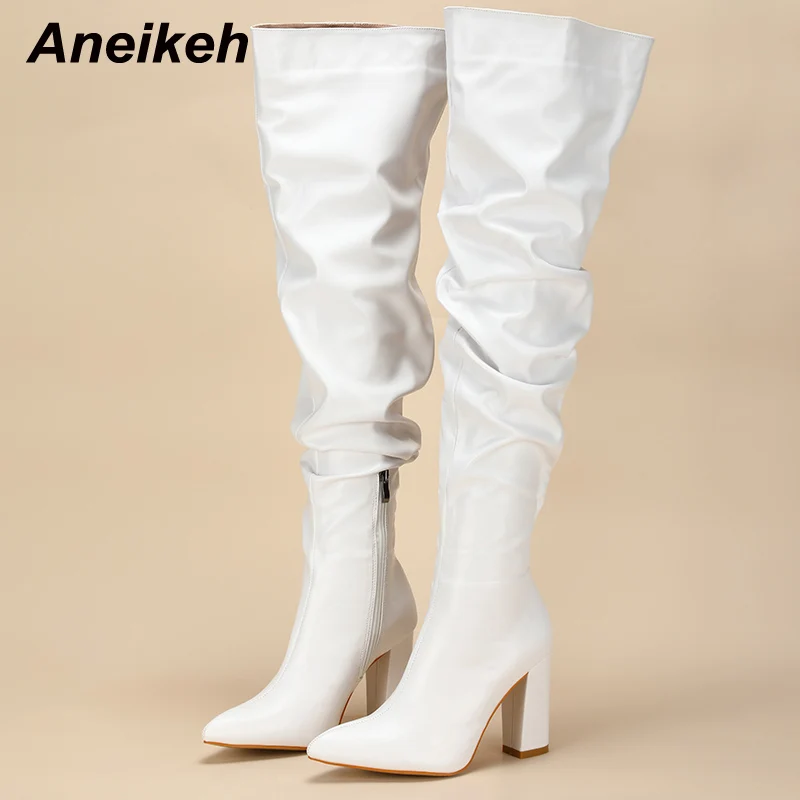 Aneikeh New Design White Pleated Leather Over The Knee Boots Fashion Runway Thick High Heels Sexy Pointed Toe Zip Womans Shoes