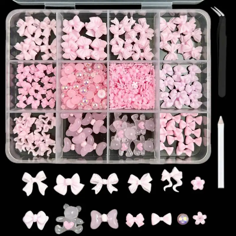 1Box Multiple Styles Colorful Resin Bows Nail Charms Pearl Heart Flatback Diamond Nail Art Decoration for DIY Manicure Crafts