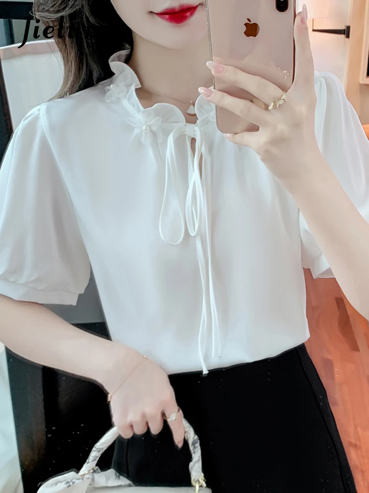 Jielur Sommer neue Französisch Schnürung Frauen Bluse einfarbig süße Damen elegante Bluse Frau weiße Aprikose lose Mode Top