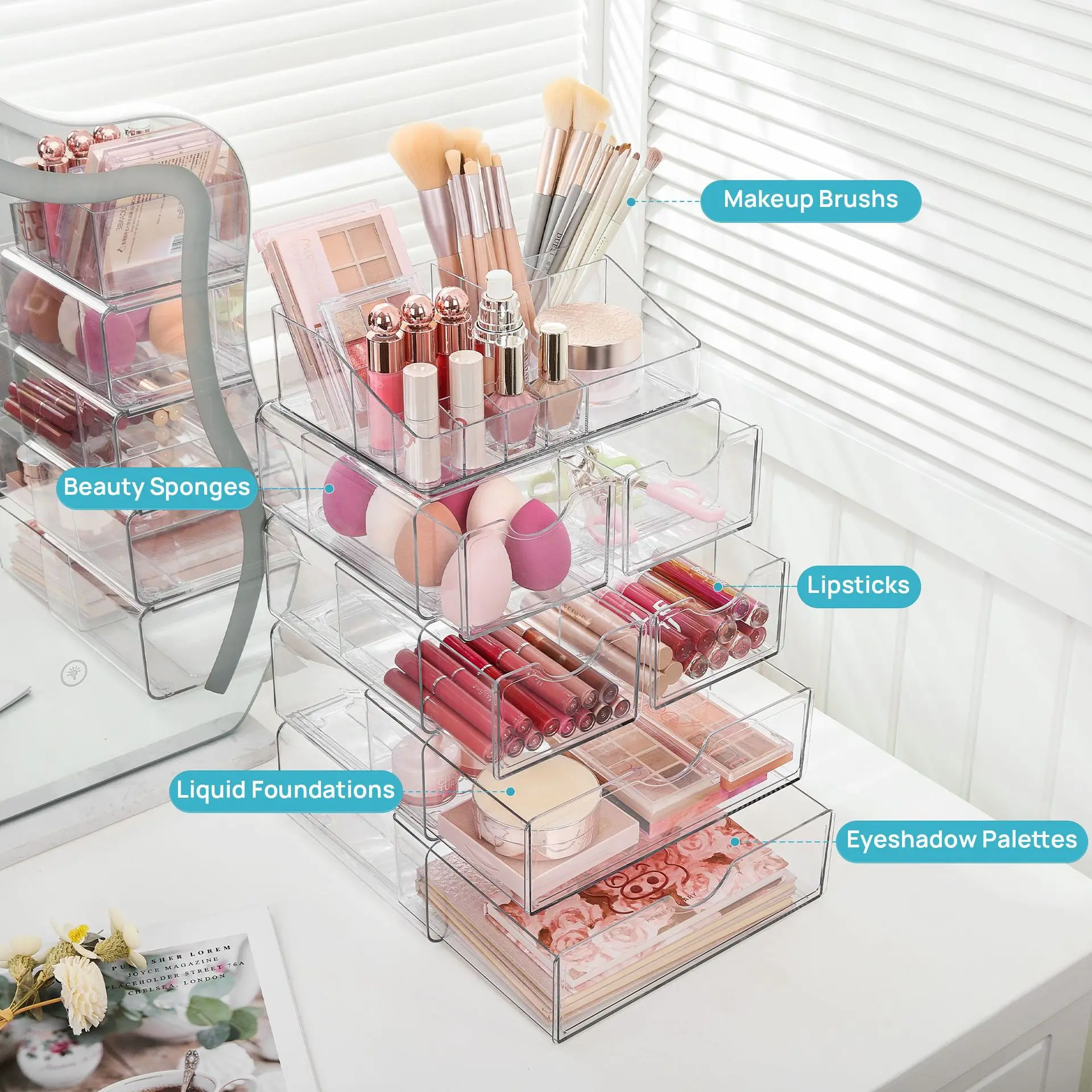 Boîte transparente d'organisateur de soin de peau de brosse de maquillage de vernis à ongles acrylique clair de 5 niveaux avec le rouge à lèvres de tiroir