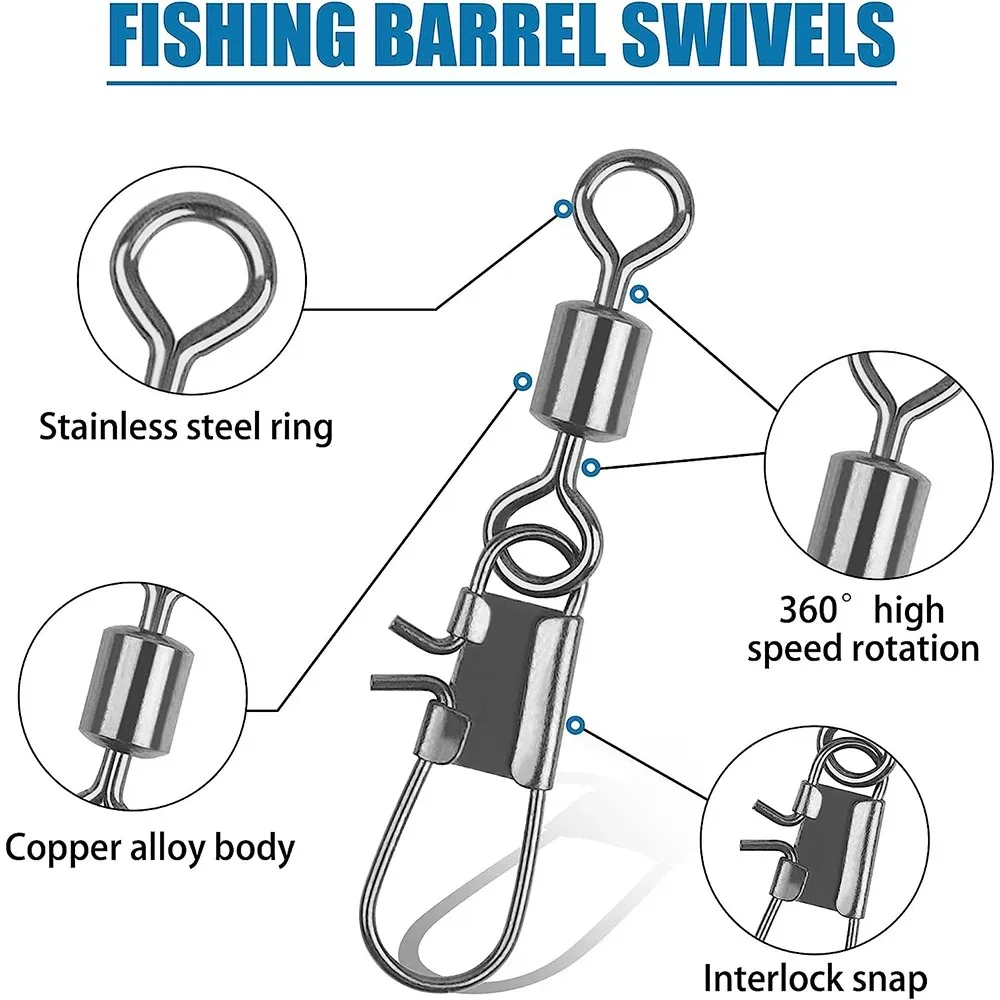 45Pcs Fishing Swivel Snap Stainless Steel Barrel Swivel Snaps Rolling Swivel for Hook Lures Fishing Connector Tackle Accessories