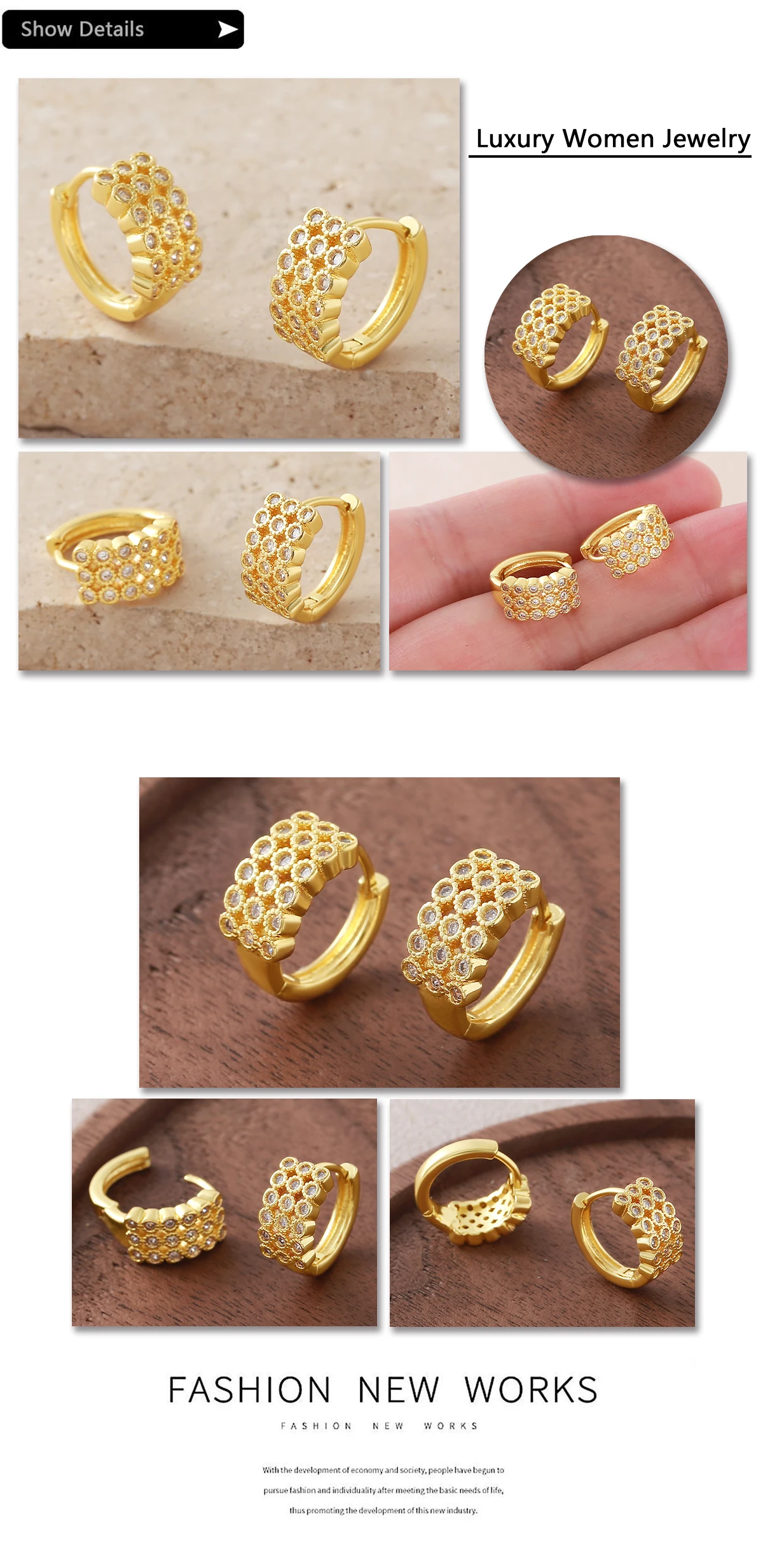 MHS.SUN Neue runde, glänzende, vergoldete Creolen mit kubischen Zirkonia-Steinen, modischer Ohrschmuck für Hochzeit, Party, für Mädchen und Frauen – Detail 17