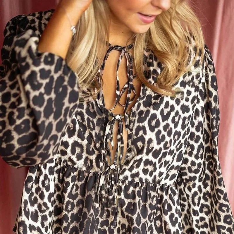 Camicia a maniche lunghe con stampa leopardata di nuova moda autunnale da donna Camicia sexy con lacci allentata Pullover Top