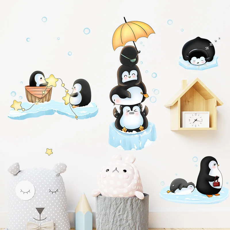 Cartoon Penguins Playing With Ice Cubes Wall Sticker For Kids Room Decor Wallpaper Removable Baby Bedroom Home Decoration Mural