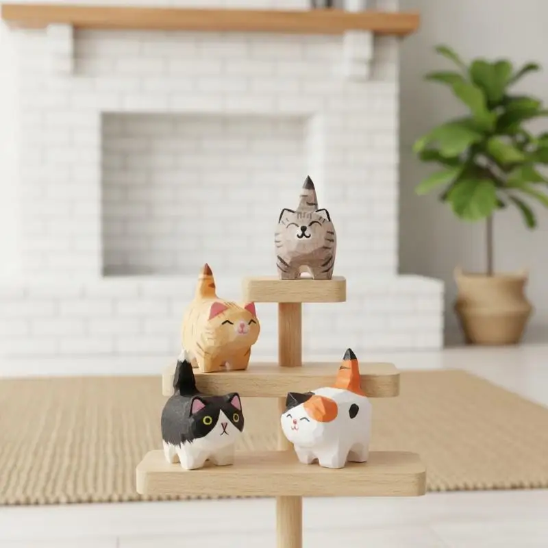 Cute Desktop Cat Ornament Mini Natural Wooden Kitten Figurine for Home Bedroom Bookshelf Decoration Gift for Students Kids