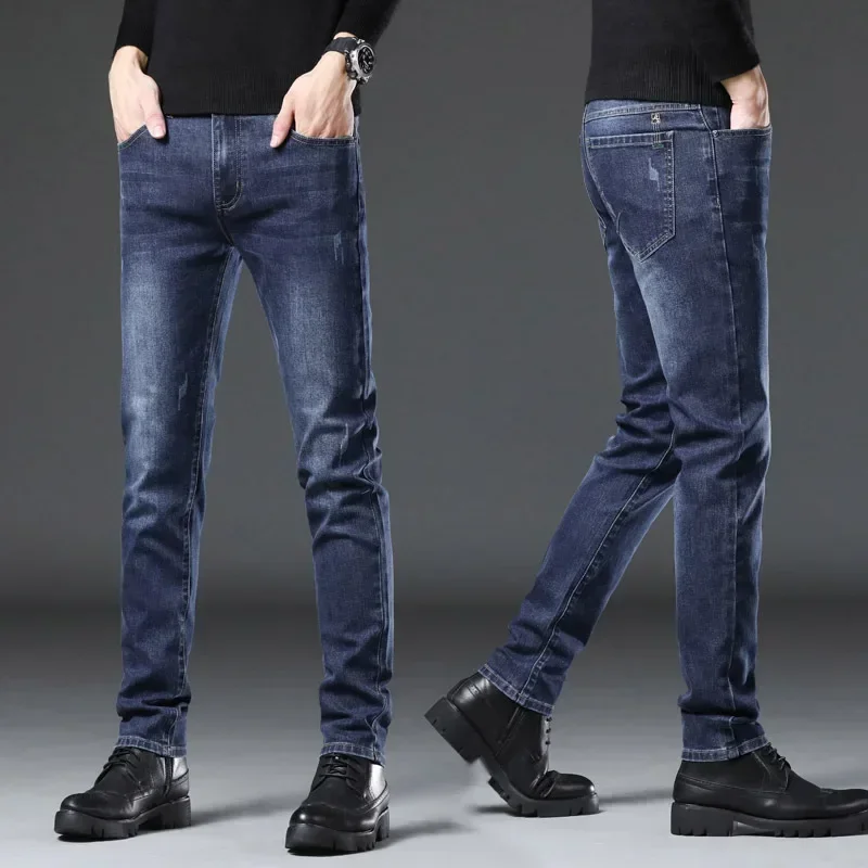 

Jeans Men Straight Trousers Denim Pants Long Pant Thick Slim Fit Casual Regular Splice Button Pocket High Waist Simple Autumn
