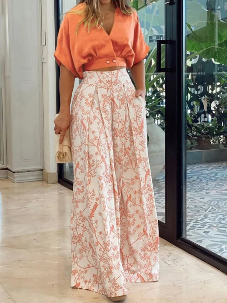 Fashion Print Women's Sets Sexy V-neck Crop Top Shirt + Wide-leg Pants 2 Piece Set Elegant Suit 2023 Summer Women's Clothing