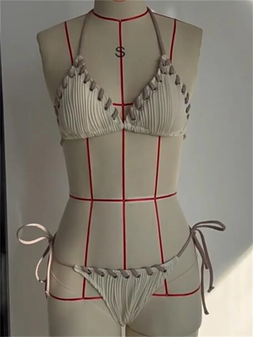 Sexy Contrast Color Bikini Ribbed Micro String Swimsuit Women Backless Triangle Set Vacation Swimwear Beach Outfit Swimming Suit