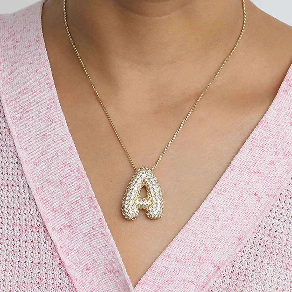 Golden Color Pave CZ Zircon Chunky Letter Necklace for Women Men Alphabet Bubble Initial Neckalces Dainty Jewelry Bijoux Gift