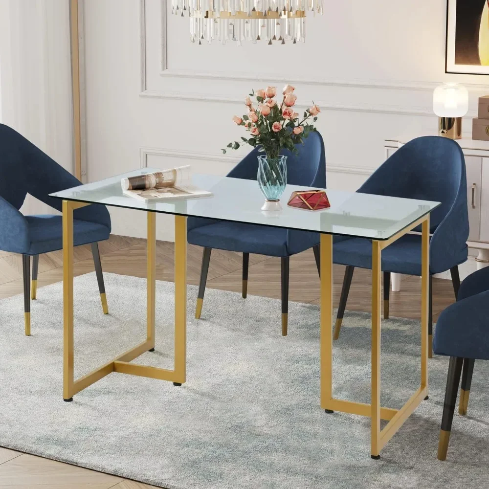 

Table Set Tempered Glass Dining Room 47.2 Inch Dining Table 4-6 Person Modern Rectangle with Gold Legs with Glass Finish