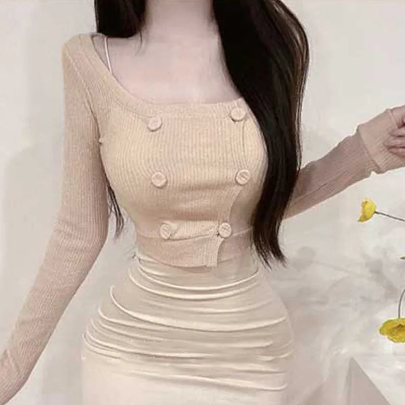 

Autumn Korean Version New Square Neck Long Sleeve Double-breasted Pullover Women Cinching Waist Solid Slim Knit Top D649
