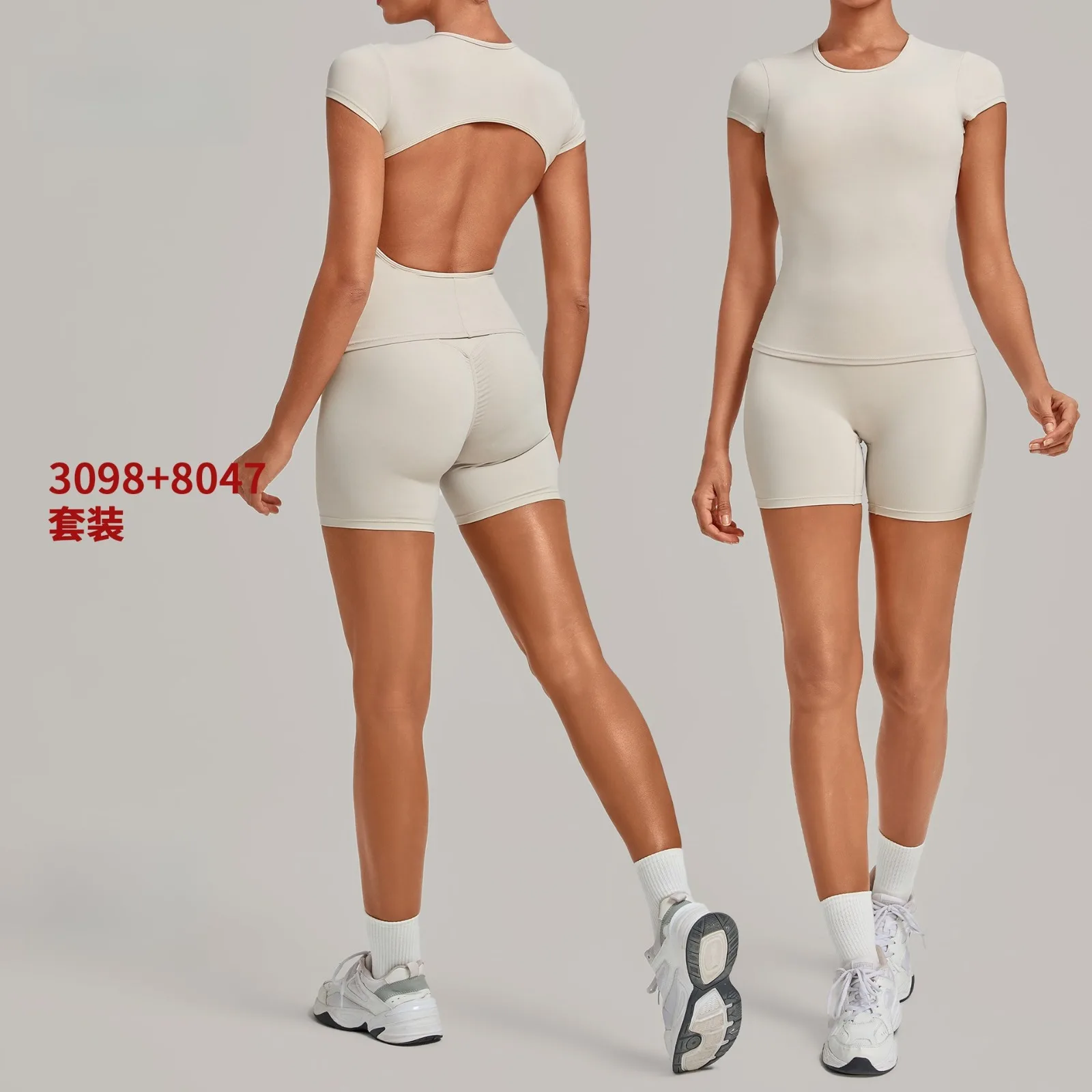 Women's Backless Short Sleeve Yoga Tshirt and Shorts Set 2 Piece Outfits Casual Sportswear for Gym Fitness Pilates Training