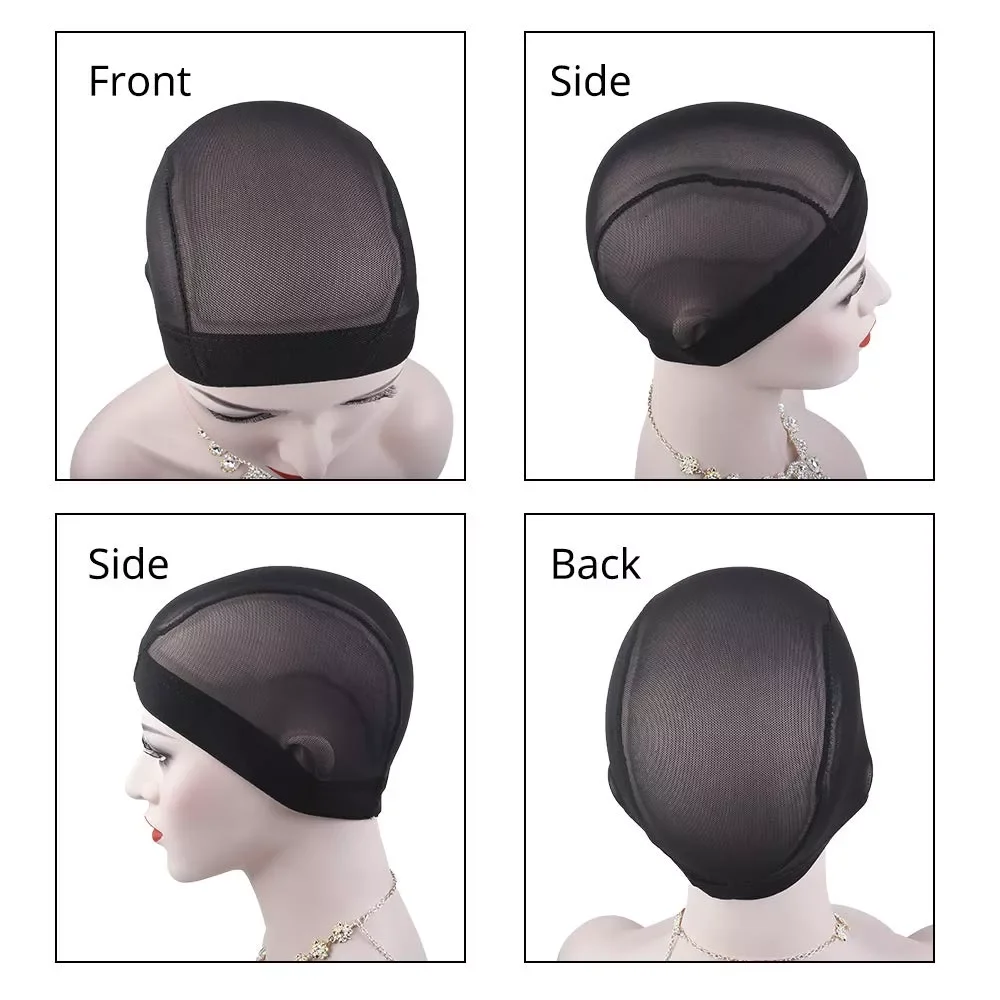 6 pçs/lote Malha Preta Cap Cúpula para A Tomada de Peruca Peruca Cap Stretchable Spandex Respirável Rede de Cabelo com Elástico Largo para Mulheres Dos Homens