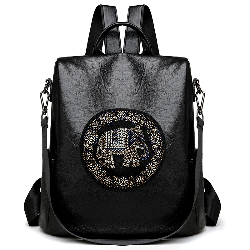 Mochila con diseño de diamantes con tachuelas de elefante para mujer, mochila antirrobo de gran capacidad, mochila de viaje de cuero de alta calidad