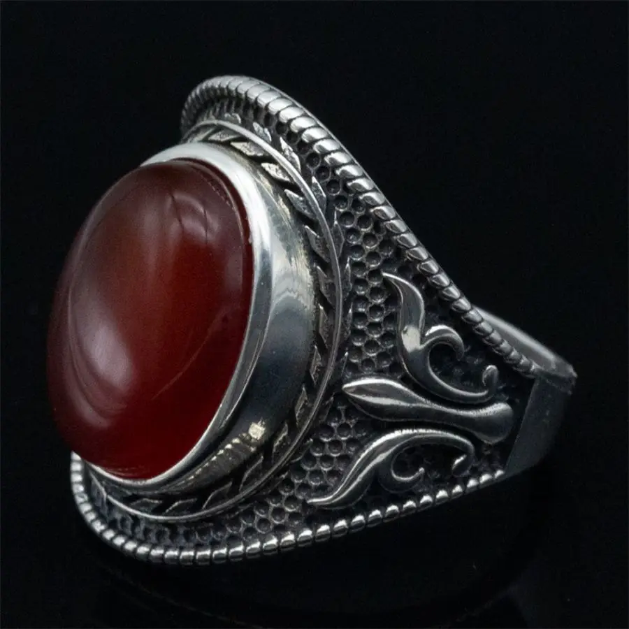 Wholesale Real 925 Sterling Silver Mens Ring Natural Red Agate Stone Jewelry Gift Silver Hand Wedding Agate Ring