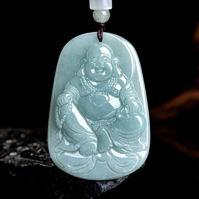 

Natural Burmese Blue Emerald Maitreya Buddha Jade Pendant Necklace Hand-carved Fashion Luxury Jewelry Amulet Gifts for Women Men