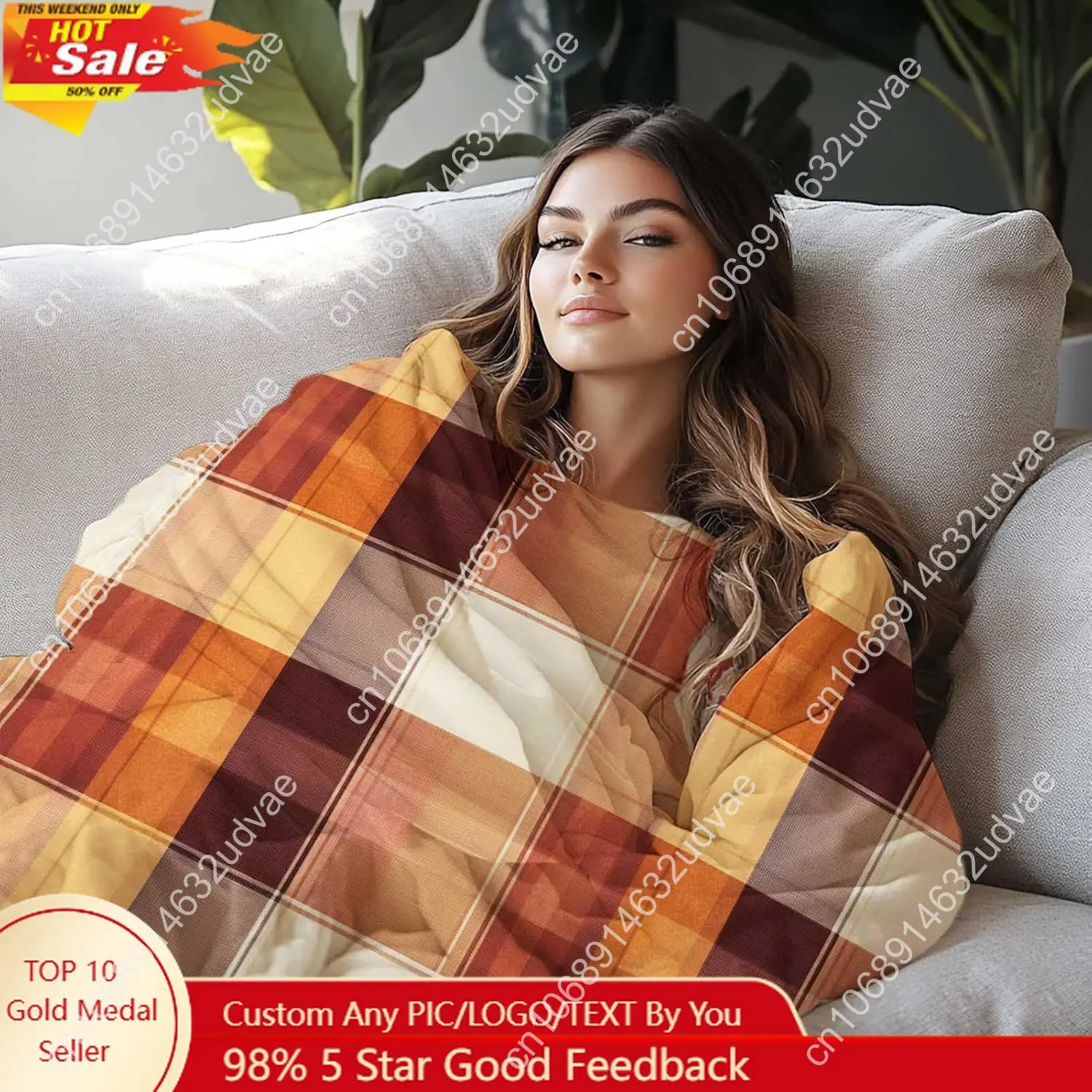 

Autumn Plaid Throw Blanket for Men Women Cozy Rustic Farmhouse Fall Decor in Warm Orange Beige Tones Soft Custom blankets