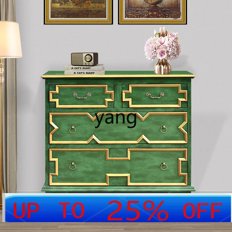 

LMM storage foyer end of bed decoration retro green solid wood four-bucket bedroom storage side cabinet