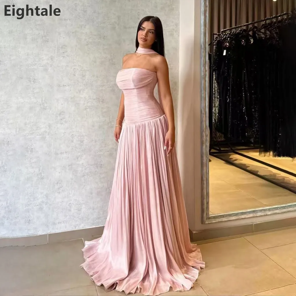 

Eightale 2025 Pink Floor Length Maxi Evening Dress With Wrap Wedding Party Formal Prom Dress Dubai Party Gown Customized