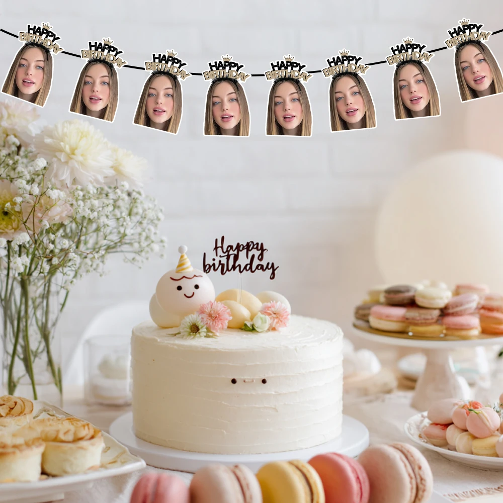 8/16pcs Custom Happy Birthday Party Banner Decorations Personalized Face photo with Birthday Crown Design Banner Party Gifts