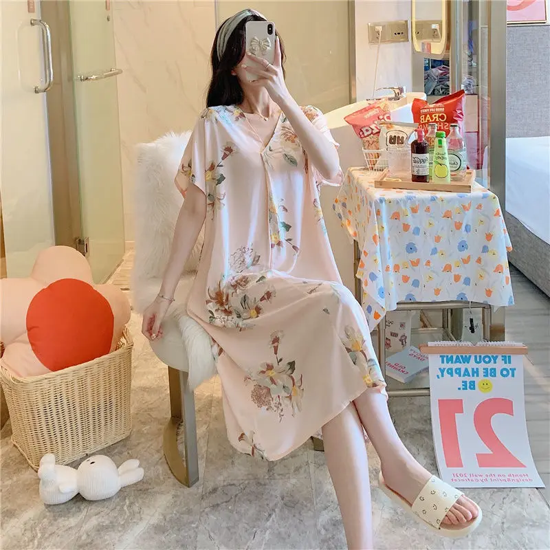 Summer Nightgown Women Cotton Sleepwear Short Sleeve Dresses Night Gown Print Homewear Loose Korean Fashion Dress New