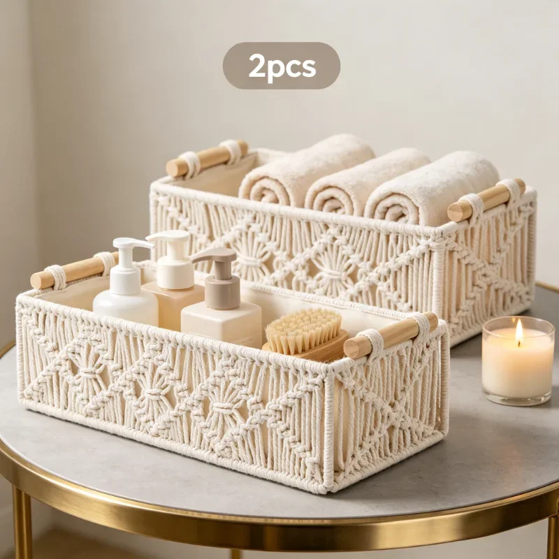 Woven Storage Basket 2-piece Set Solid Color Fashion Nordic Style Breathable Uncovered Multi Scene Organizing Storage Basket New
