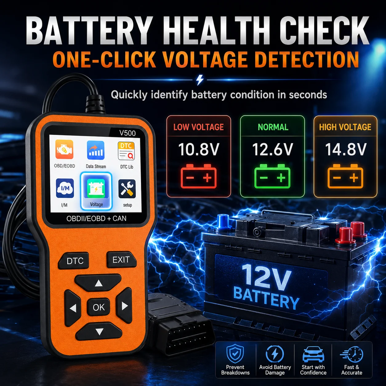 Car OBD2 Scanner Diagnostic Tool Code Reader, Car Voltage Tester Engine Fault Code Scanner, Charging Tester Diagnostic Tool V500