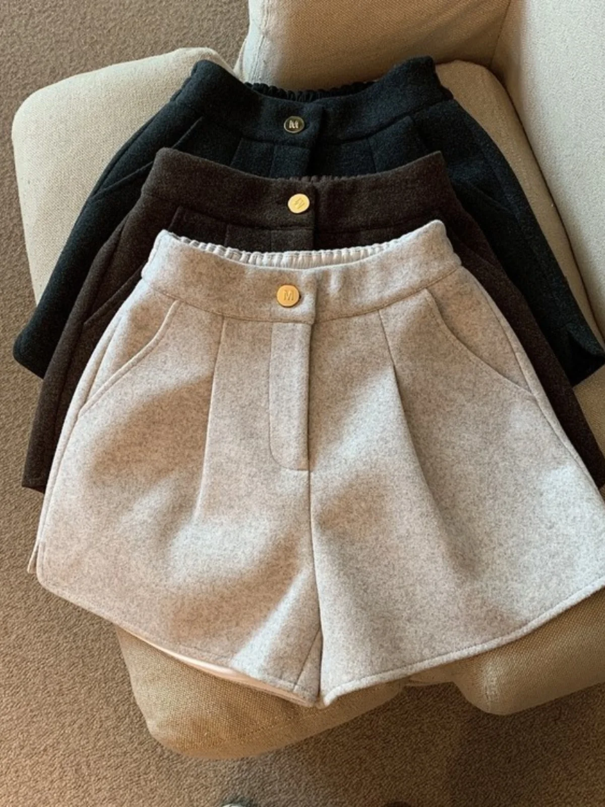 2023 秋冬肥厚ウールワイドレッグショートパンツ女性カジュアルアウターブーツカットパンツファッショナブルな韓国スタイルハイウエスト