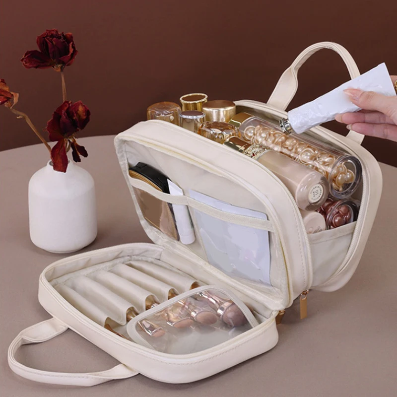 

Large Travel Cosmetic Bag For Women PU Leather Makeup Organizer Female Toiletry Kit Bags Make Up Case Storage Pouch Luxury Lady