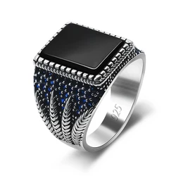 Wholesale 925 Sterling Silver Male Ring Natural Square Black Agate Stone Handmade Vintage Classic Simple Silver Mens Rings
