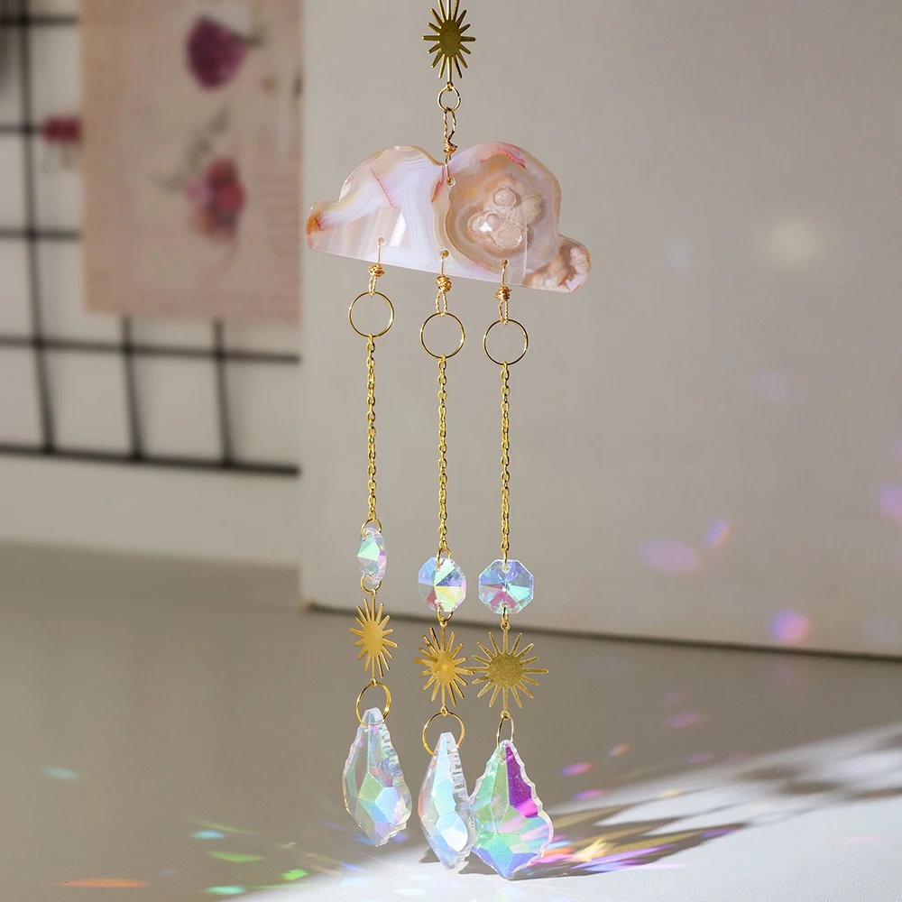 1PC Natural Crystal Cherry Agate Lepidolite Cloud Gem Carving Sun Catcher Pendant Rainbow Light Catcher Window Garden Decoration