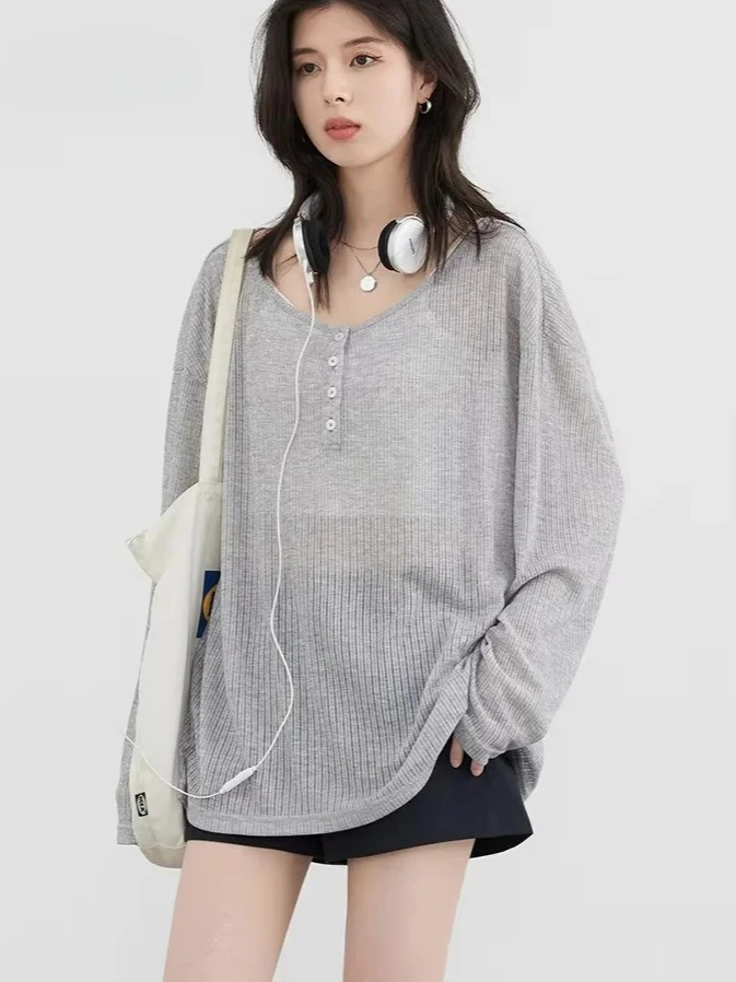 CHIC VEN Korean Women T-Shirts Casual Loose Slightly Transparent O Neck Female Top Thin Tees Spring Summer 2025 Clothing