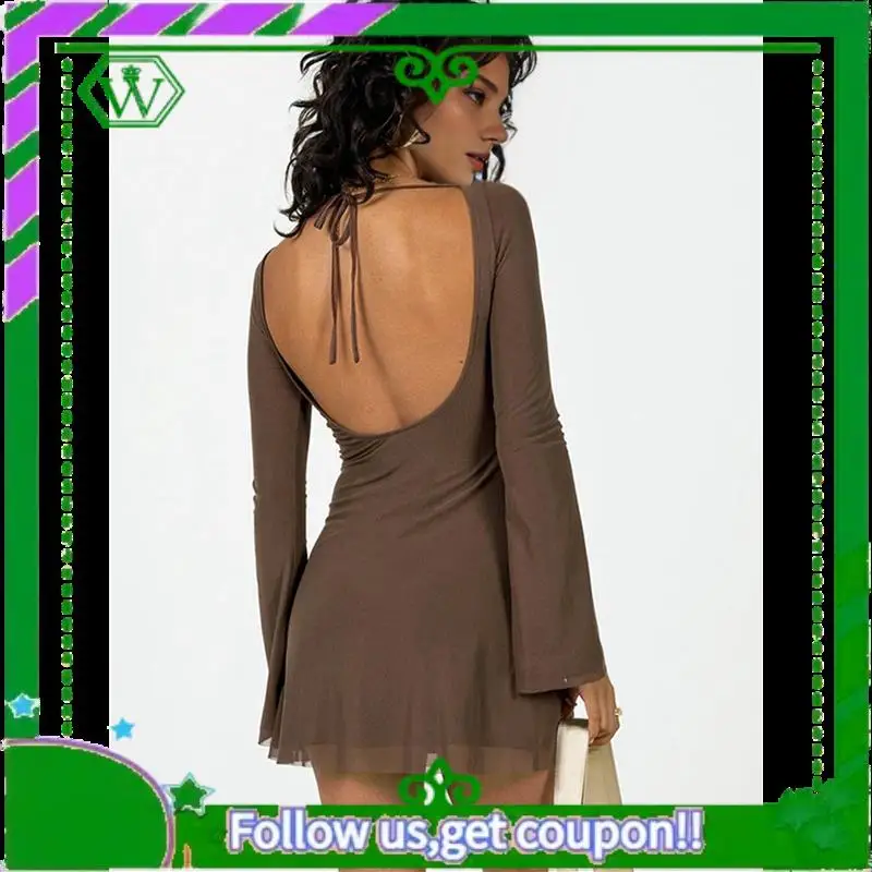 A18P-ผู้หญิงแขนยาวมินิเดรสคอเรือตาข่ายBell Sleeve TieกลับSheer Backless Bodycon Y2kสั้น