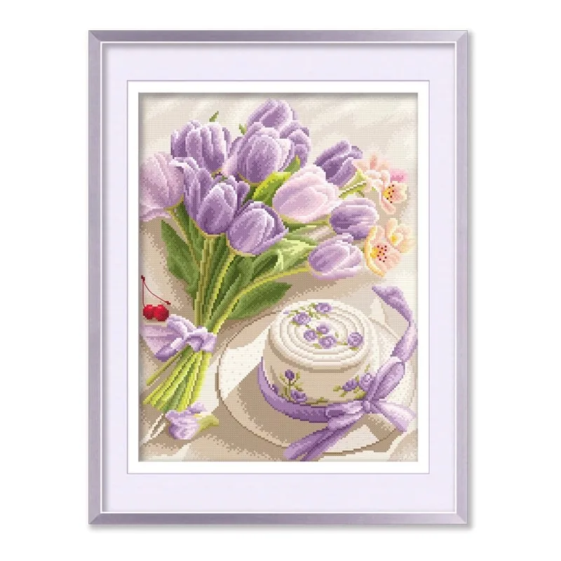 

KS 11CT 55x66cm Purple Flowers Pre-Printed Cross Stitch DIY Embroidery Set Handicraft Floss Needle Crafts 53 Colors