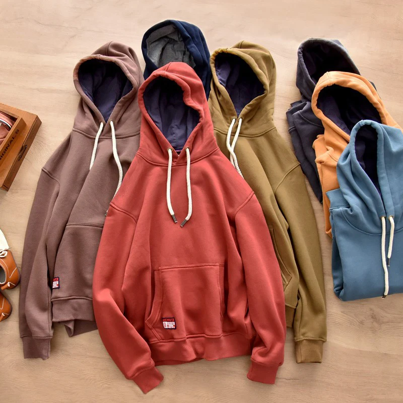 Vintage Amekaji เฮฟวี่เวทกํามะหยี่ฤดูใบไม้ร่วงฤดูหนาวสีทึบล้าง Retro Hoodie หลวมขนแกะเสื้อ Pullovers